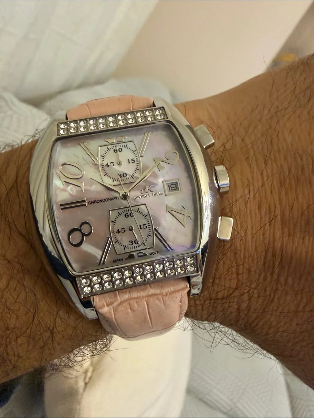 Adee Kaye Beverly Hills Sport Chronograph Pink MOP Swarovski Crystal Watch